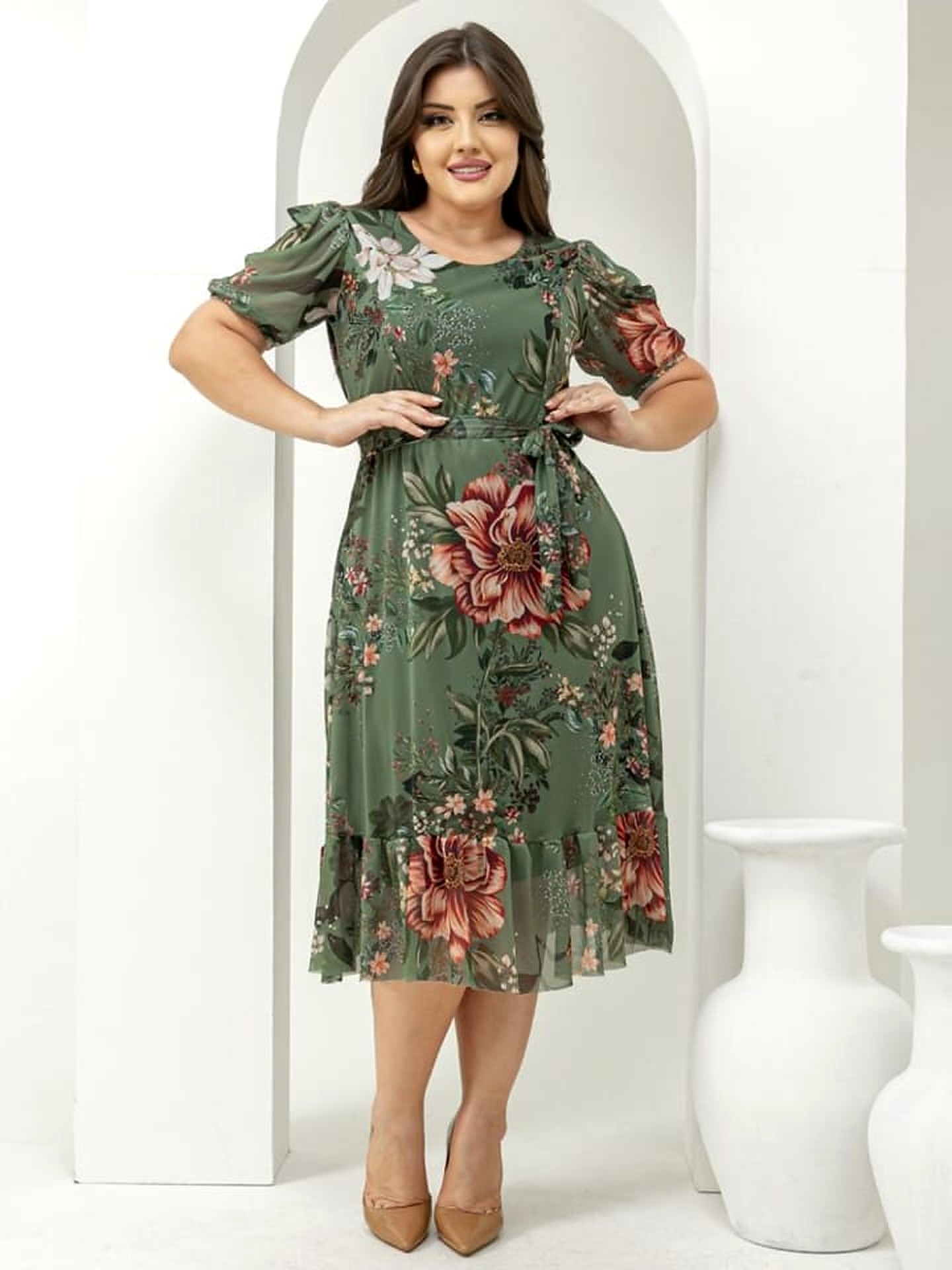 Vestido Floral Verde Midi